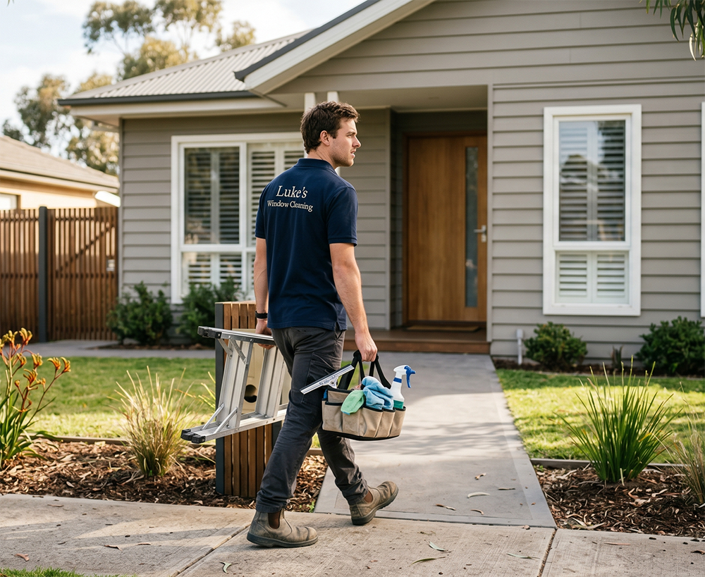 Professional window cleaner with equipment approaching an Australian suburban home